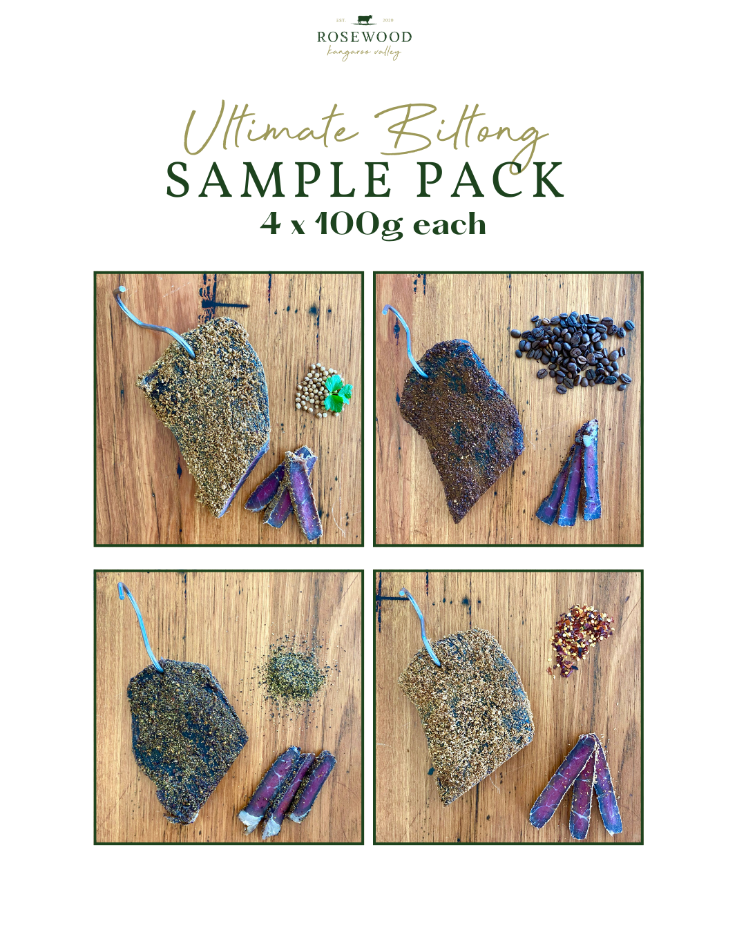 Biltong Sample Pack – 4 x 100g (Traditional, Native Spices, Chili, Coffee)